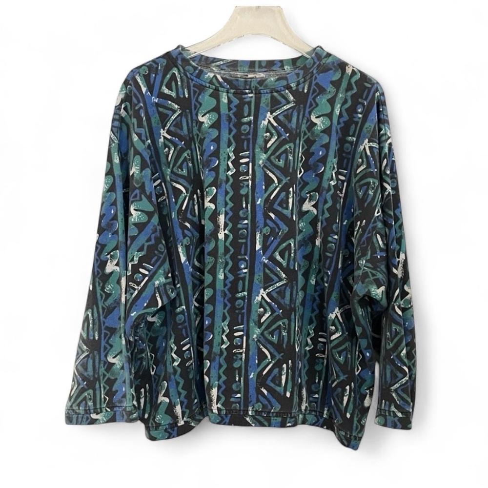 Vintage 90s Josh Wear Art Abstract Aztec Tribal Crewneck Sweatshirt XL USA Made‎